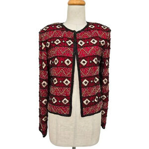 Vintage Papell Boutique Beaded Silk Red Crop Blazer sz S